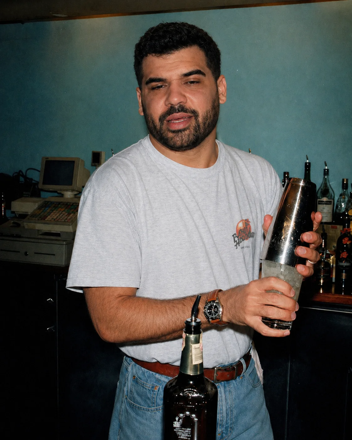 Jordan Perez bartending in the 90s